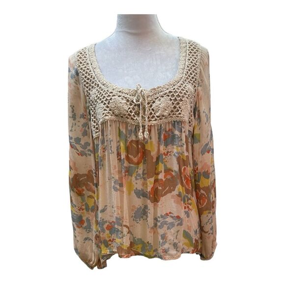 Sanctuary‎ Boho Beige Print with Crochet Front Blouse Size S - Picture 1 of 10